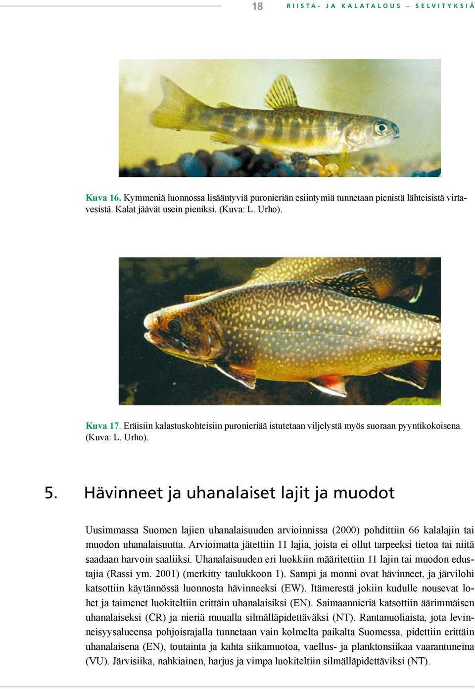 Hävinneet ja uhanalaiset lajit ja muodot Uusimmassa Suomen lajien uhanalaisuuden arvioinnissa (2000) pohdittiin 66 kalalajin tai muodon uhanalaisuutta.