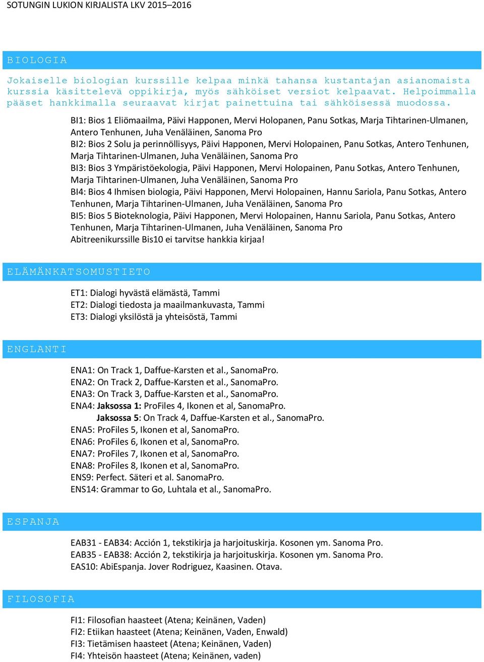 BI1: Bios 1 Eliömaailma, Päivi Happonen, Mervi Holopanen, Panu Sotkas, Marja Tihtarinen-Ulmanen, Antero Tenhunen, Juha Venäläinen, Sanoma Pro BI2: Bios 2 Solu ja perinnöllisyys, Päivi Happonen, Mervi