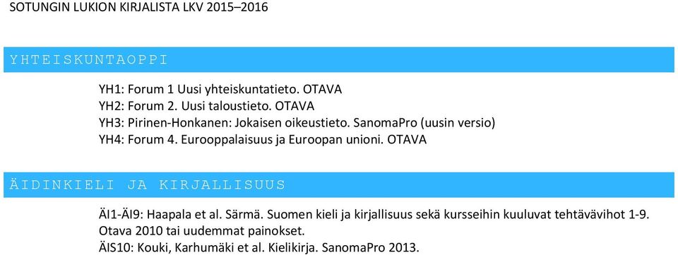 Eurooppalaisuus ja Euroopan unioni. OTAVA ÄIDINKIELI JA KIRJALLISUUS ÄI1-ÄI9: Haapala et al. Särmä.