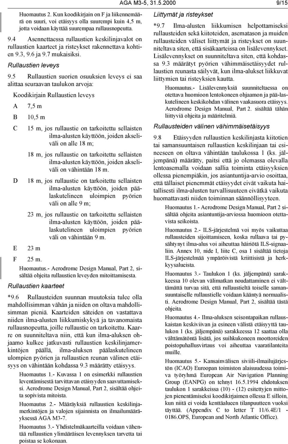 5 Rullaustien suorien osuuksien leveys ei saa alittaa seuraavan taulukon arvoja: Koodikirjain Rullaustien leveys A 7,5 m B 10,5 m C 15 m, jos rullaustie on tarkoitettu sellaisten ilma-alusten