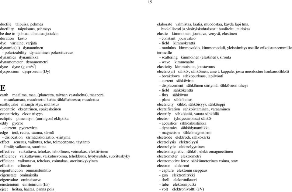 sähkölaiteessa; maadottaa earthquake maanjäristys, mullistus eccentric eksentrinen, epäkeskeinen eccentricity eksentrisyys ecliptic pimennys-, (auringon) ekliptika eddy pyörre - current pyörrevirta