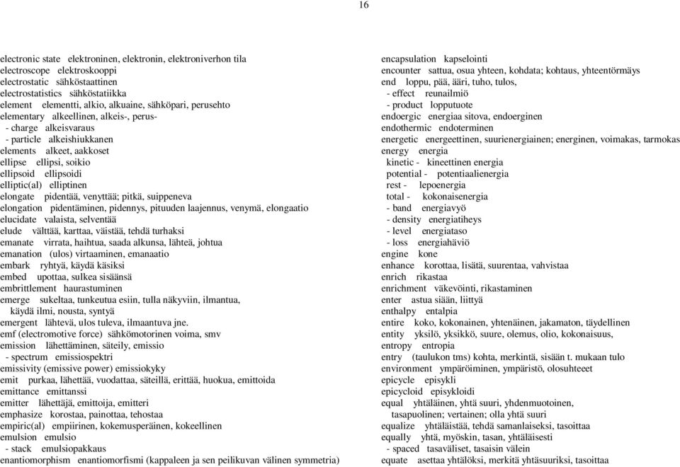 elliptinen elongate pidentää, venyttää; pitkä, suippeneva elongation pidentäminen, pidennys, pituuden laajennus, venymä, elongaatio elucidate valaista, selventää elude välttää, karttaa, väistää,