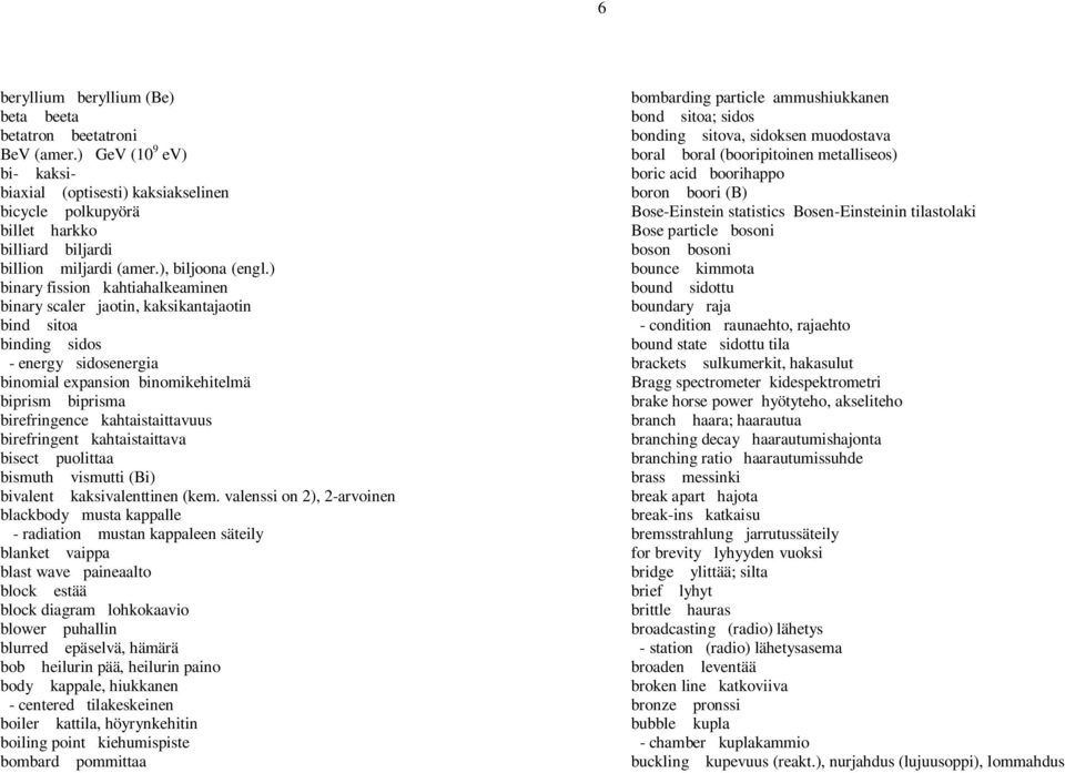 ) binary fission kahtiahalkeaminen binary scaler jaotin, kaksikantajaotin bind sitoa binding sidos - energy sidosenergia binomial expansion binomikehitelmä biprism biprisma birefringence