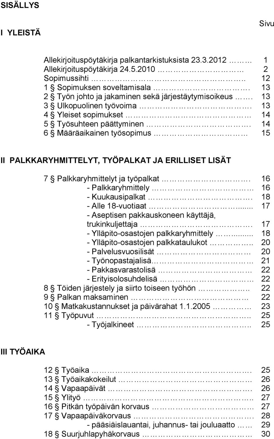 14 6 Määräaikainen työsopimus 15 II PALKKARYHMITTELYT, TYÖPALKAT JA ERILLISET LISÄT 7 Palkkaryhmittelyt ja työpalkat. 16 - Palkkaryhmittely 16 - Kuukausipalkat. 18 - Alle 18-vuotiaat.