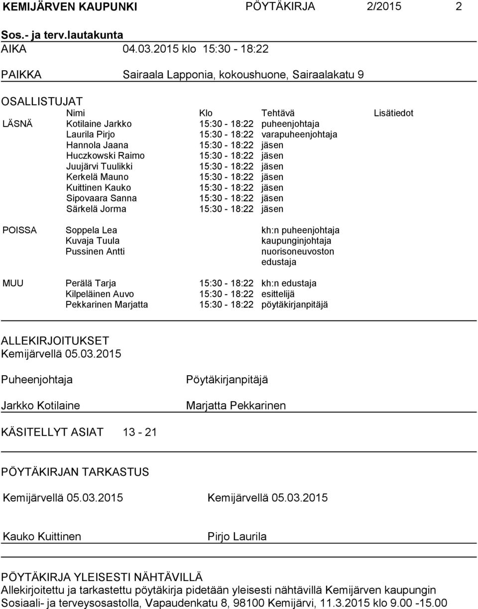 varapuheenjohtaja Hannola Jaana 15:30-18:22 jäsen Huczkowski Raimo 15:30-18:22 jäsen Juujärvi Tuulikki 15:30-18:22 jäsen Kerkelä Mauno 15:30-18:22 jäsen Kuittinen Kauko 15:30-18:22 jäsen Sipovaara