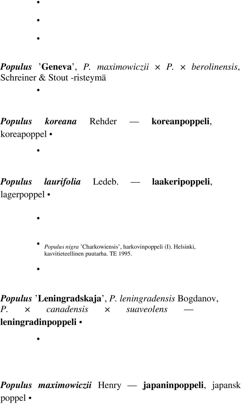 laurifolia Ledeb. laakeripoppeli, lagerpoppel Populus nigra Charkowiensis, harkovinpoppeli (I).