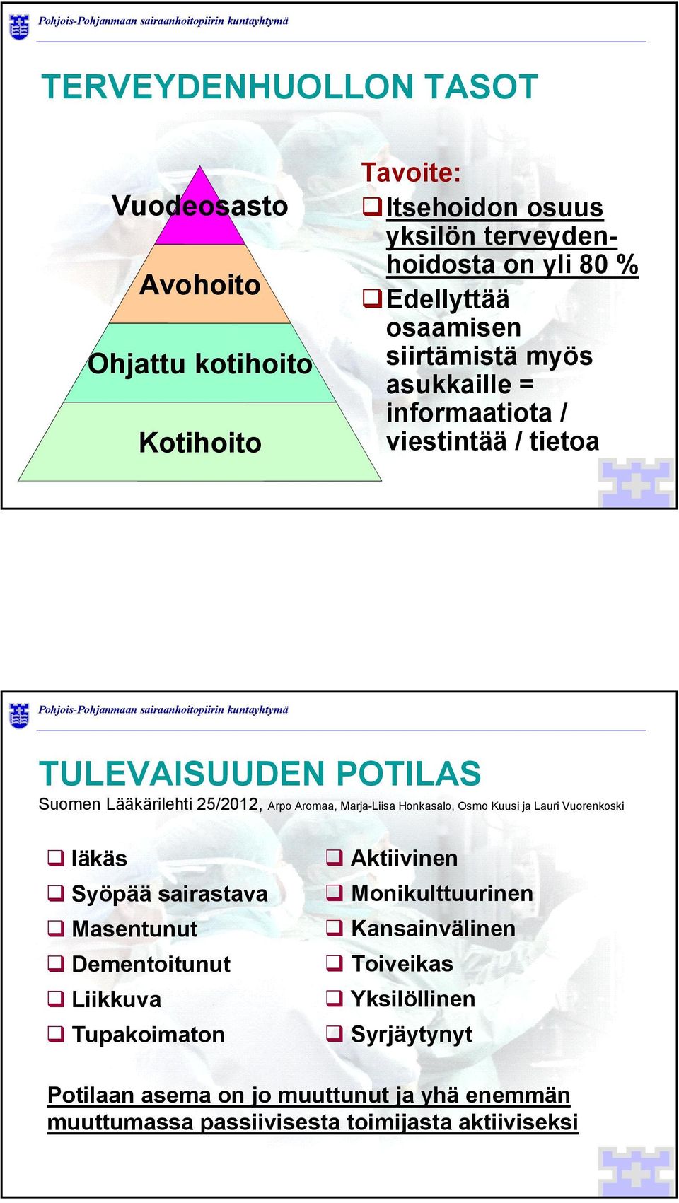 Marja-Liisa Honkasalo, Osmo Kuusi ja Lauri Vuorenkoski Iäkäs Syöpää sairastava Masentunut Dementoitunut Liikkuva Tupakoimaton Aktiivinen