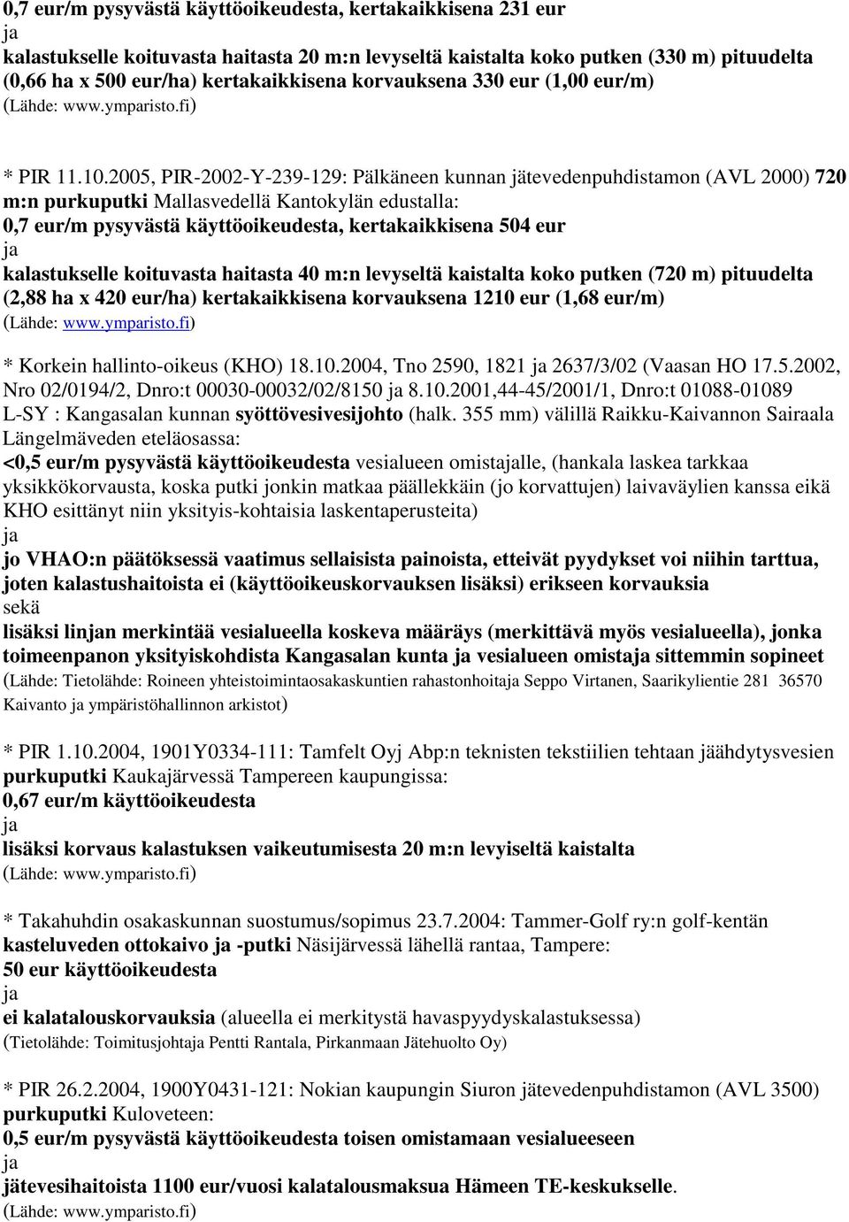 2005, PIR-2002-Y-239-129: Pälkäneen kunnan jätevedenpuhdistamon (AVL 2000) 720 m:n purkuputki Mallasvedellä Kantokylän edustalla: 0,7 eur/m pysyvästä käyttöoikeudesta, kertakaikkisena 504 eur