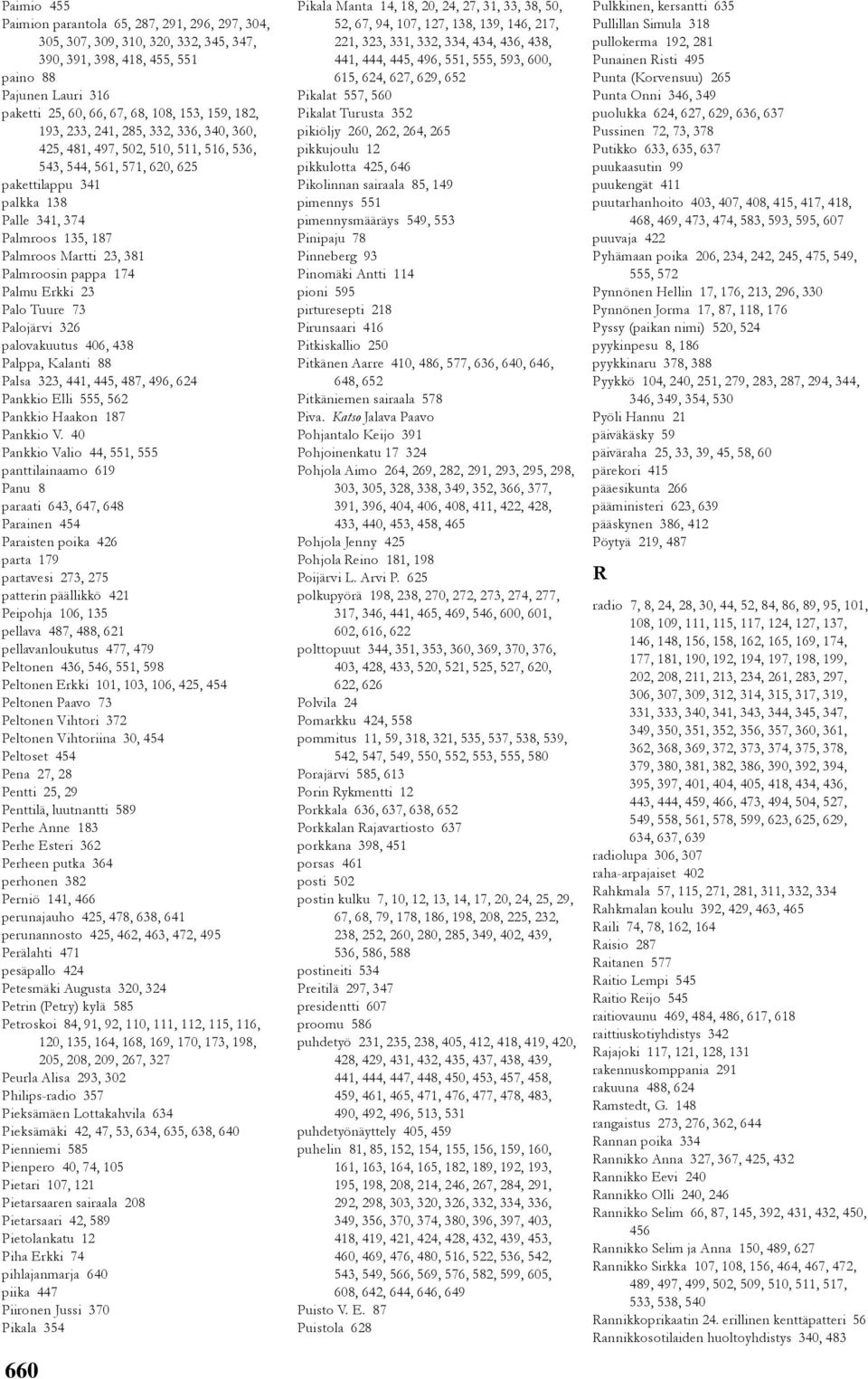 Palmroosin pappa 174 Palmu Erkki 23 Palo Tuure 73 Palojärvi 326 palovakuutus 406, 438 Palppa, Kalanti 88 Palsa 323, 441, 445, 487, 496, 624 Pankkio Elli 555, 562 Pankkio Haakon 187 Pankkio V.