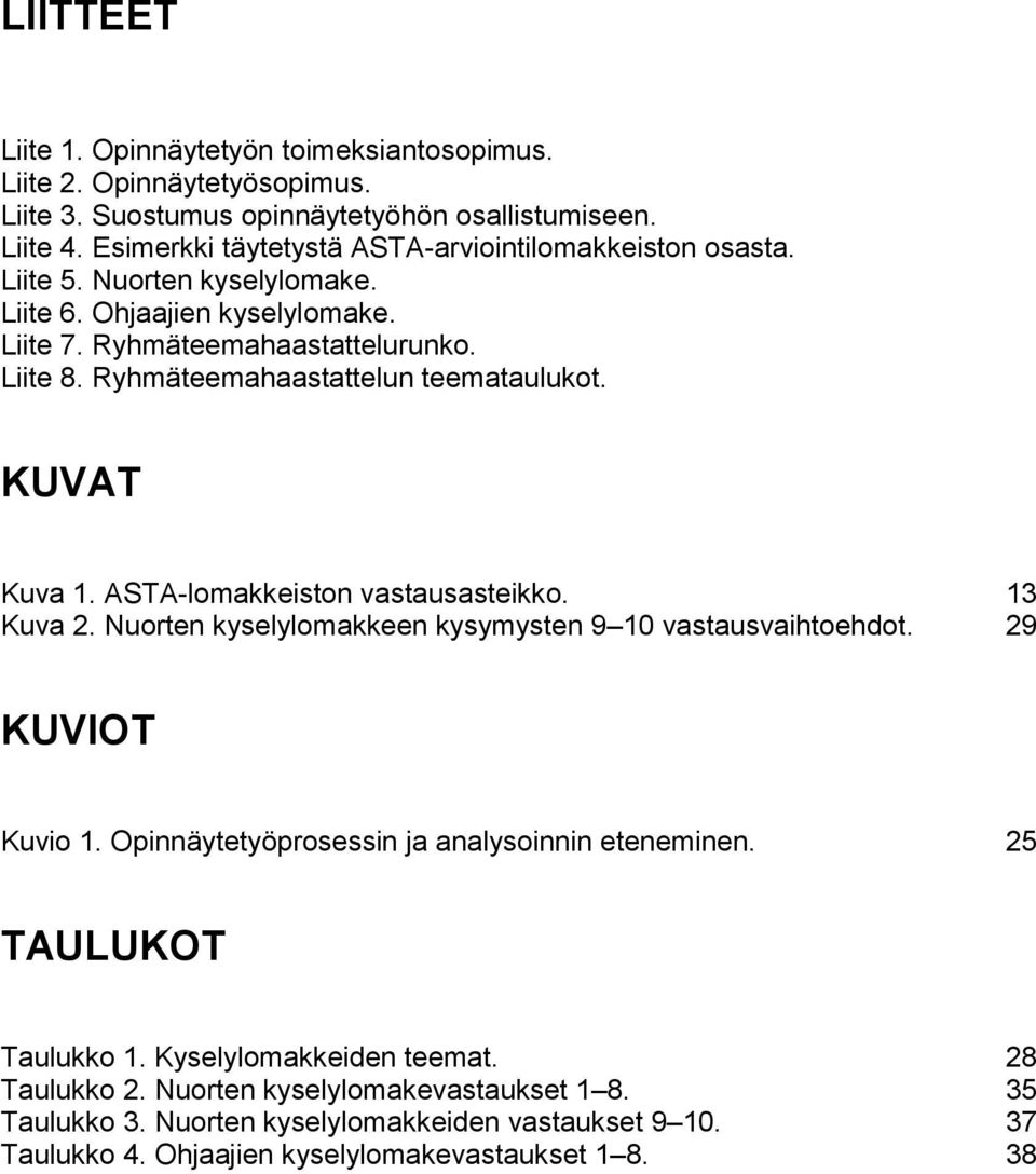 Ryhmäteemahaastattelun teemataulukot. KUVAT Kuva 1. ASTA-lomakkeiston vastausasteikko. 13 Kuva 2. Nuorten kyselylomakkeen kysymysten 9 10 vastausvaihtoehdot. 29 KUVIOT Kuvio 1.