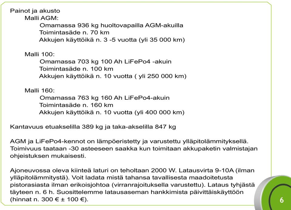 10 vuotta ( yli 250 000 km) Malli 160: Omamassa 763 kg 160 Ah LiFePo4-akuin Toimintasäde n. 160 km Akkujen käyttöikä n.