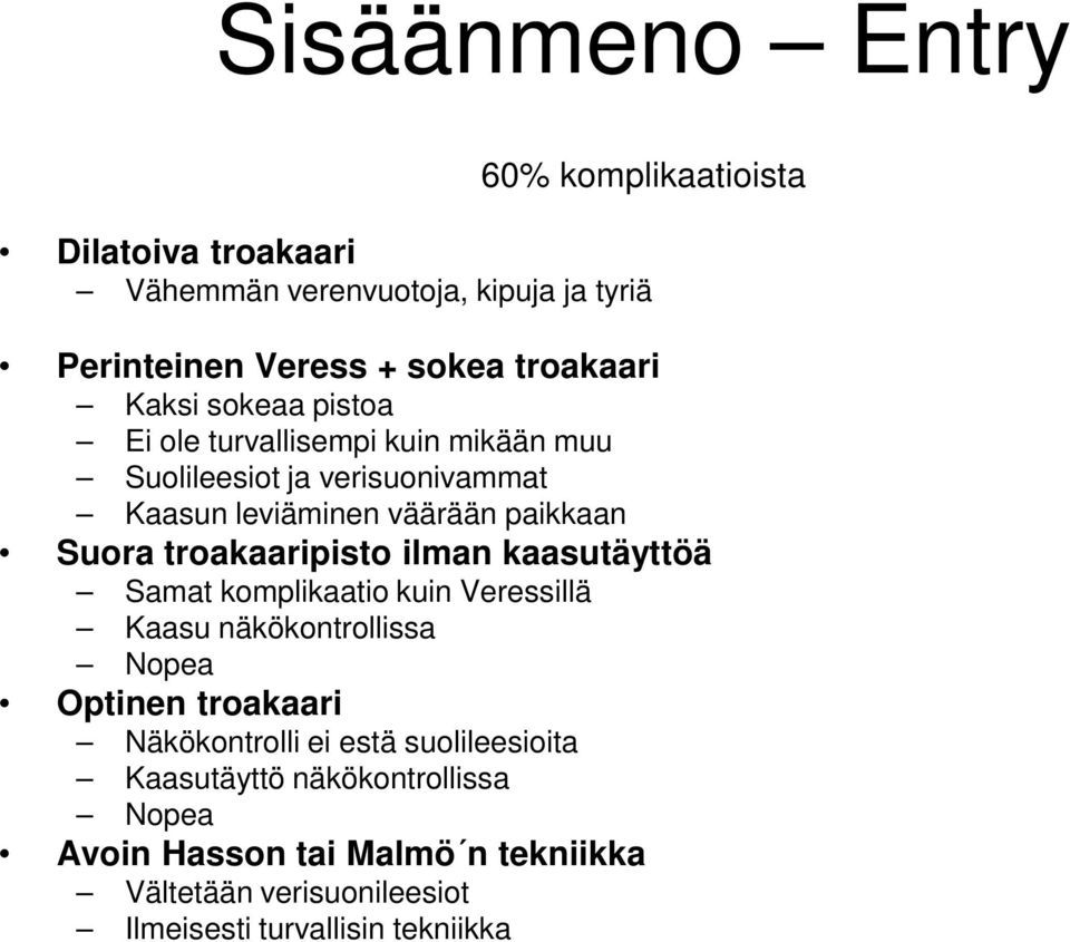 troakaaripisto ilman kaasutäyttöä Samat komplikaatio kuin Veressillä Kaasu näkökontrollissa Nopea Optinen troakaari Näkökontrolli ei