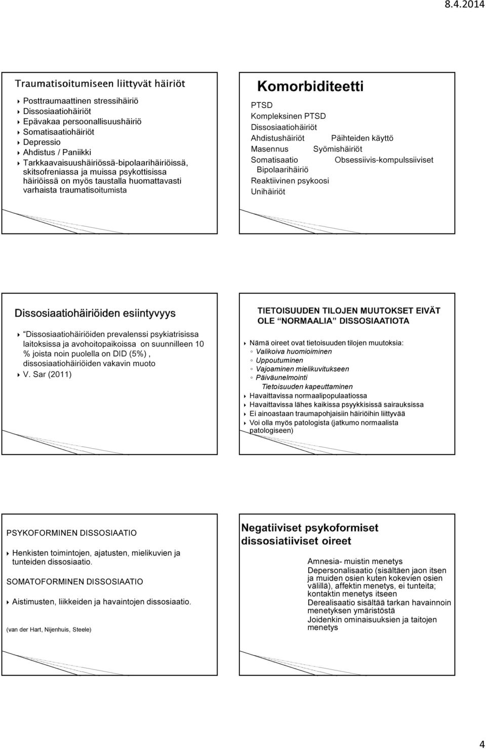 Somatisaatio Obsessiivis-kompulssiiviset Bipolaarihäiriö Reaktiivinen psykoosi Unihäiriöt Dissosiaatiohäiriöiden prevalenssi psykiatrisissa laitoksissa ja avohoitopaikoissa on suunnilleen 10 % joista