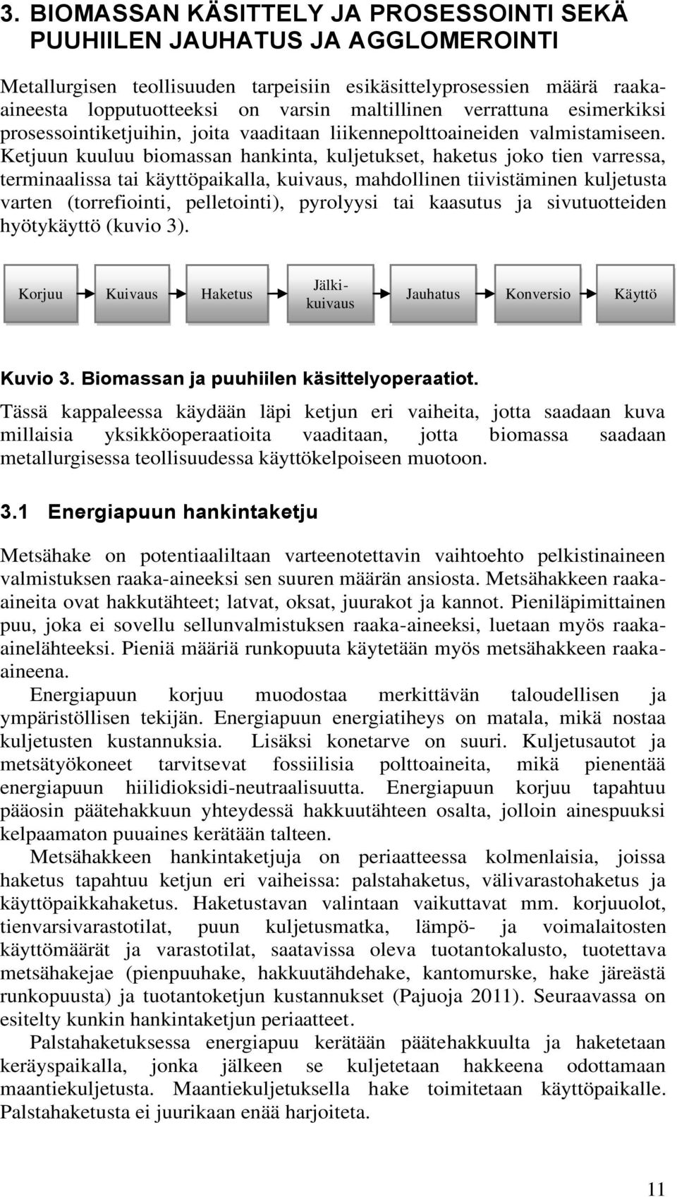 Ketjuun kuuluu biomassan hankinta, kuljetukset, haketus joko tien varressa, terminaalissa tai käyttöpaikalla, kuivaus, mahdollinen tiivistäminen kuljetusta varten (torrefiointi, pelletointi),