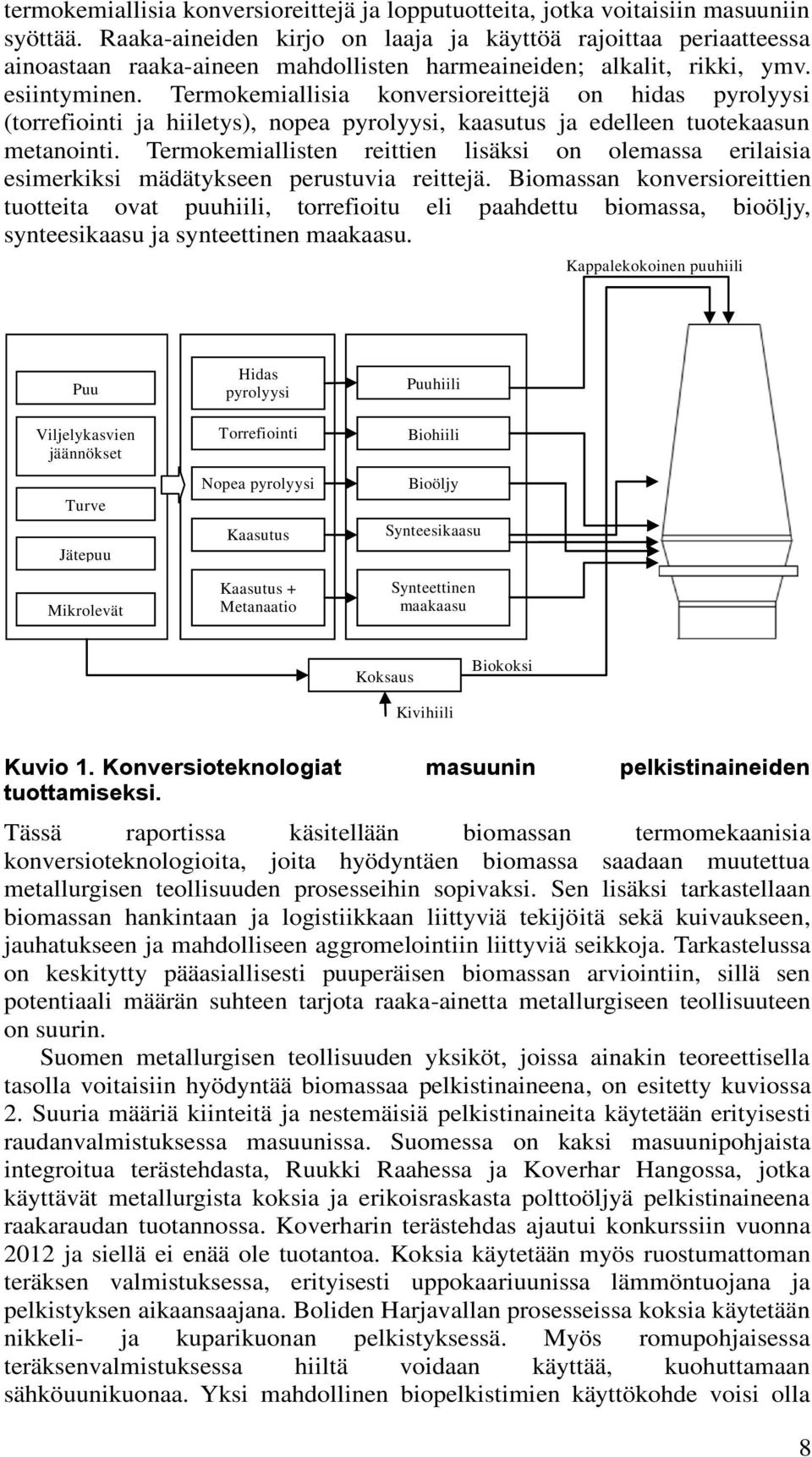 Termokemiallisia konversioreittejä on hidas pyrolyysi (torrefiointi ja hiiletys), nopea pyrolyysi, kaasutus ja edelleen tuotekaasun metanointi.