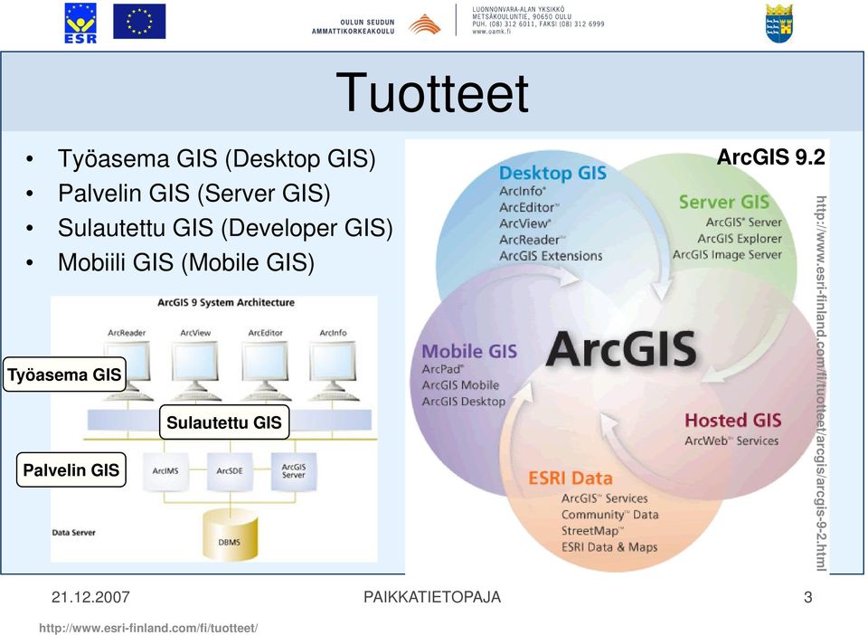 Palvelin GIS ArcGIS 9.2 http://www.esri-finland.