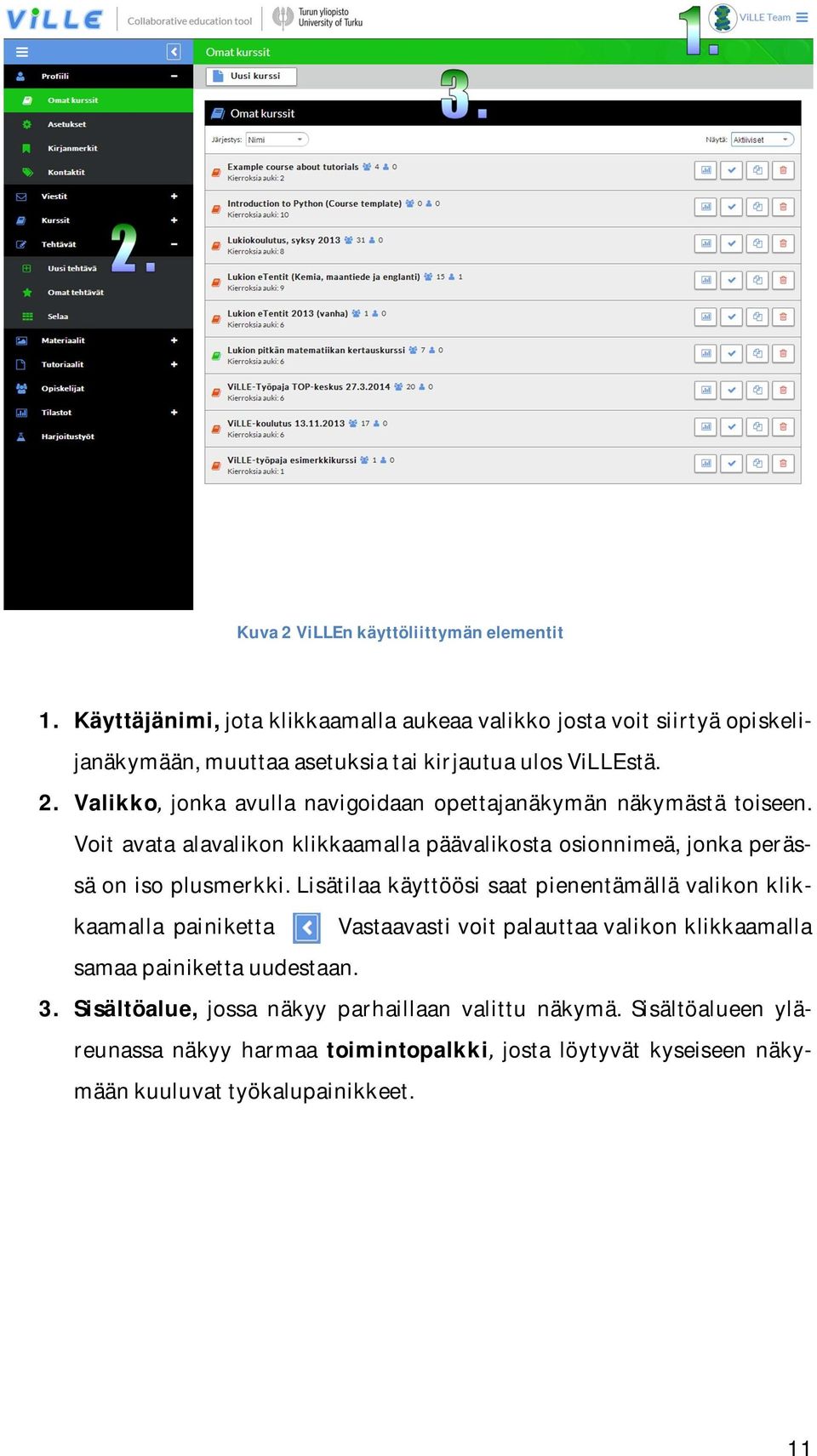 Valikko, jonka avulla navigoidaan opettajanäkymän näkymästä toiseen. Voit avata alavalikon klikkaamalla päävalikosta osionnimeä, jonka perässä on iso plusmerkki.