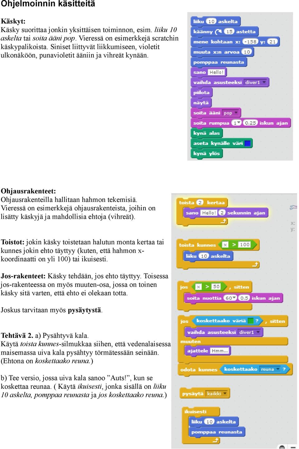 Vieressä on esimerkkejä ohjausrakenteista, joihin on lisätty käskyjä ja mahdollisia ehtoja (vihreät).