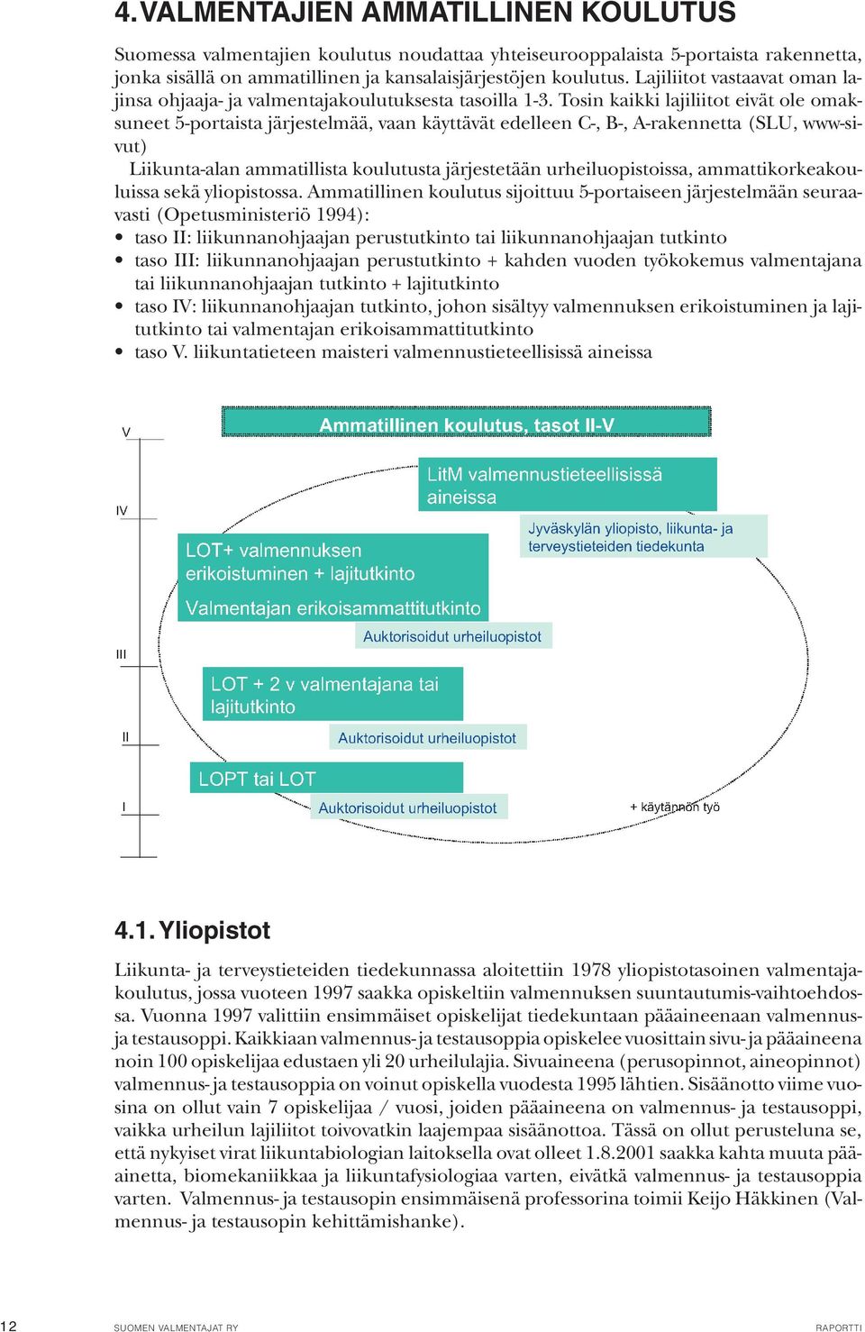 Tosin kaikki lajiliitot eivät ole omaksuneet 5-portaista järjestelmää, vaan käyttävät edelleen C-, B-, A-rakennetta (SLU, www-sivut) Liikunta-alan ammatillista koulutusta järjestetään