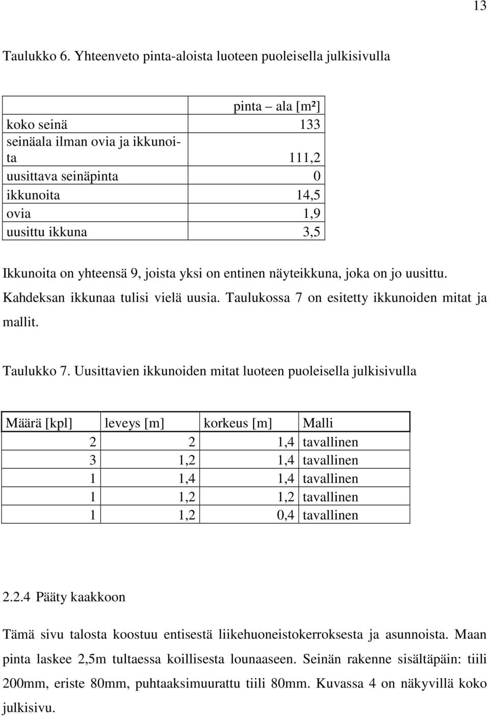 Ikkunoita on yhteensä 9, joista yksi on entinen näyteikkuna, joka on jo uusittu. Kahdeksan ikkunaa tulisi vielä uusia. Taulukossa 7 on esitetty ikkunoiden mitat ja mallit. Taulukko 7.