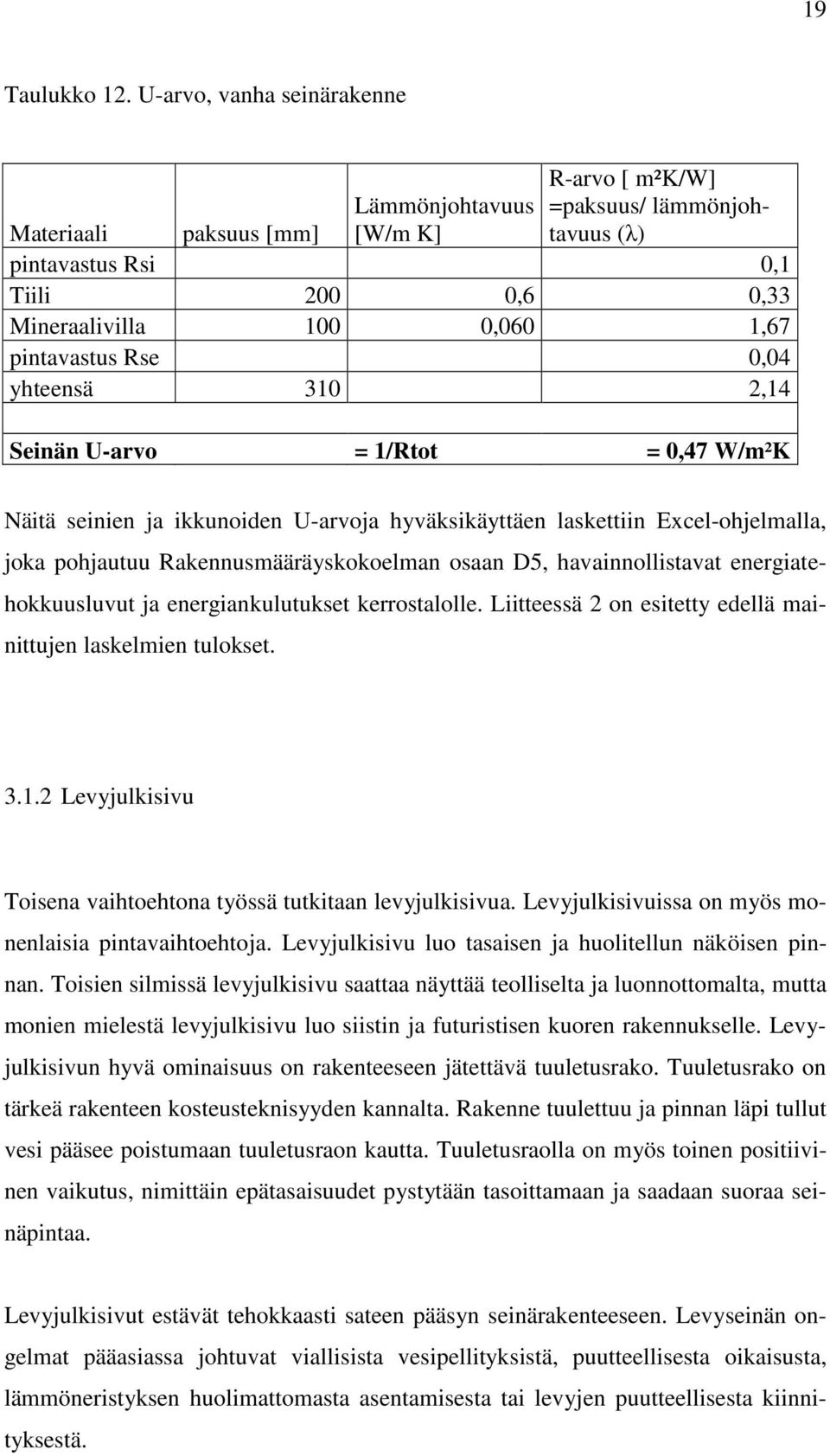 pintavastus Rse 0,04 yhteensä 310 2,14 Seinän U-arvo = 1/Rtot = 0,47 W/m²K Näitä seinien ja ikkunoiden U-arvoja hyväksikäyttäen laskettiin Excel-ohjelmalla, joka pohjautuu Rakennusmääräyskokoelman