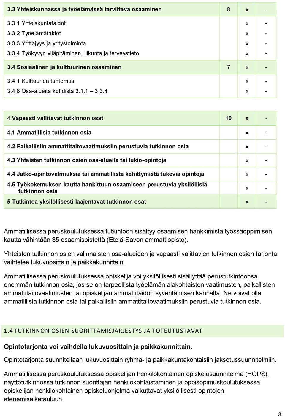 1 Ammatillisia tutkinnon osia x - 4.2 Paikallisiin ammattitaitovaatimuksiin perustuvia tutkinnon osia x - 4.3 Yhteisten tutkinnon osien osa-alueita tai lukio-opintoja x - 4.