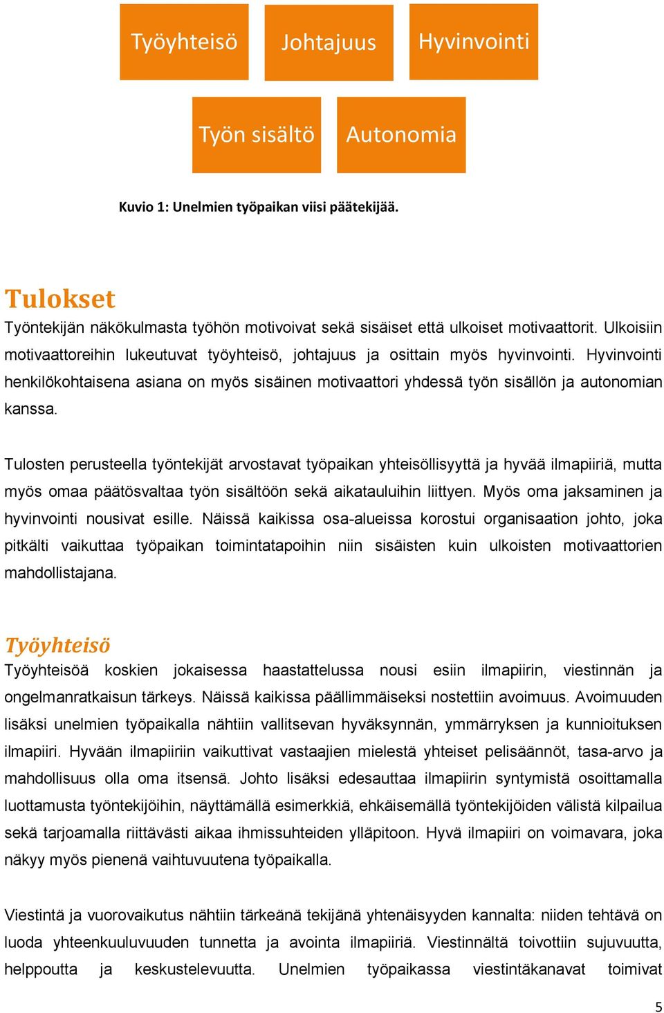 Tulosten perusteella työntekijät arvostavat työpaikan yhteisöllisyyttä ja hyvää ilmapiiriä, mutta myös omaa päätösvaltaa työn sisältöön sekä aikatauluihin liittyen.