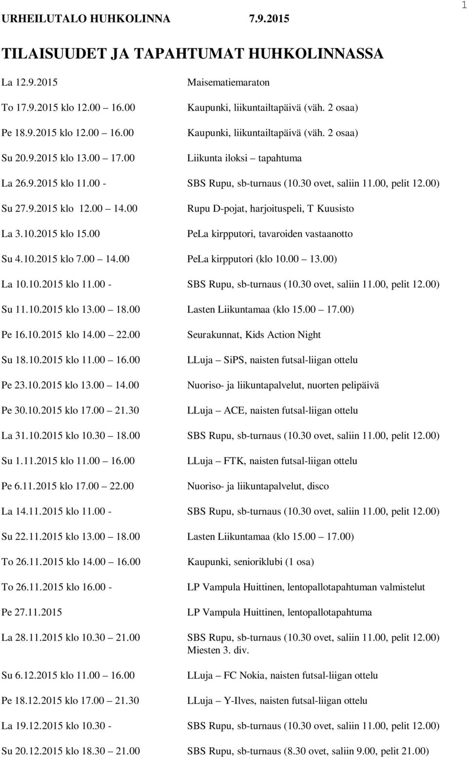 00 Rupu D-pojat, harjoituspeli, T Kuusisto PeLa kirpputori, tavaroiden vastaanotto Su 4.10.2015 klo 7.00 14.00 PeLa kirpputori (klo 10.00 13.00) La 10.10.2015 klo 11.00 - SBS Rupu, sb-turnaus (10.