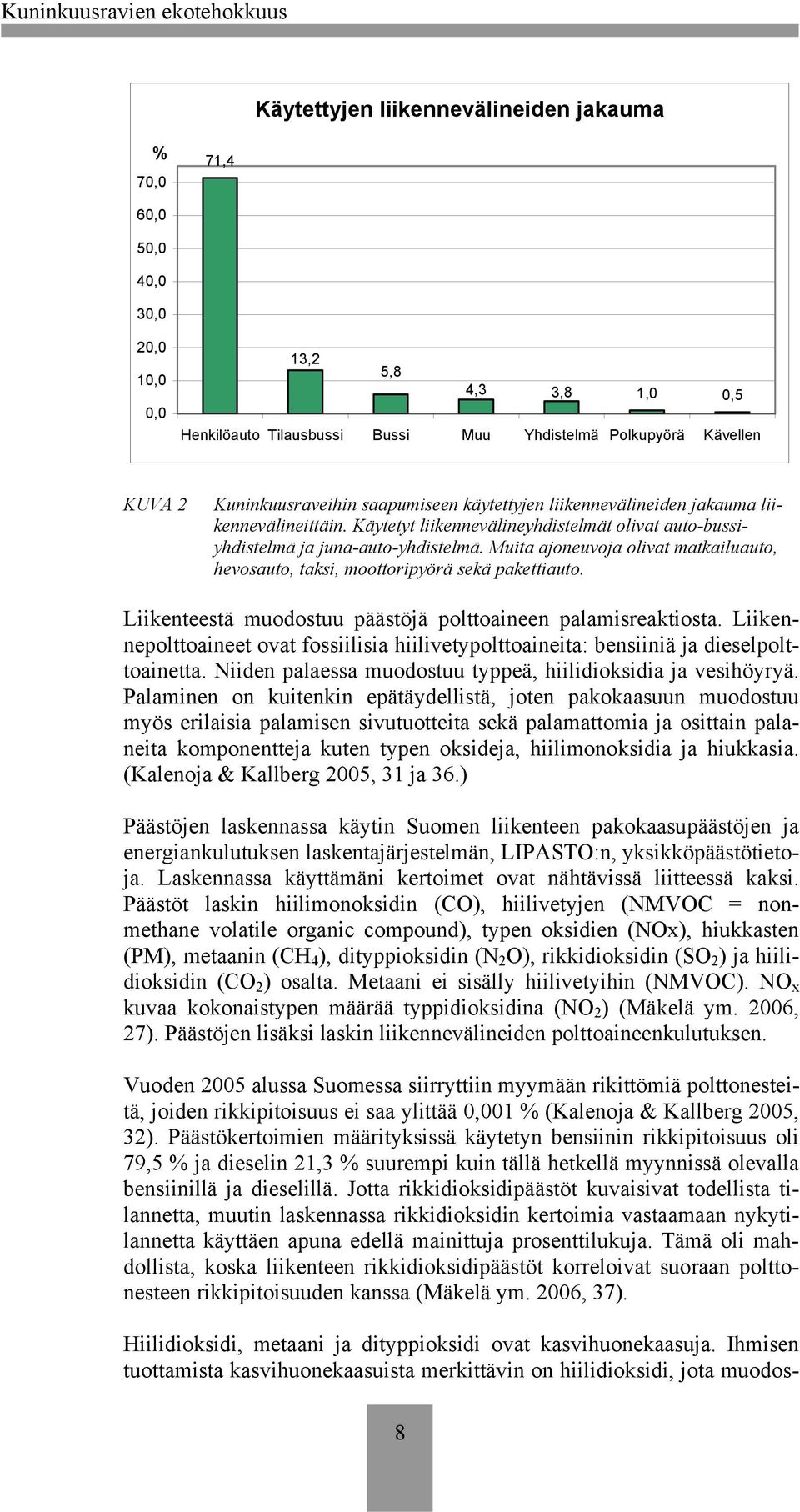 Muita ajoneuvoja olivat matkailuauto, hevosauto, taksi, moottoripyörä sekä pakettiauto. Liikenteestä muodostuu päästöjä polttoaineen palamisreaktiosta.