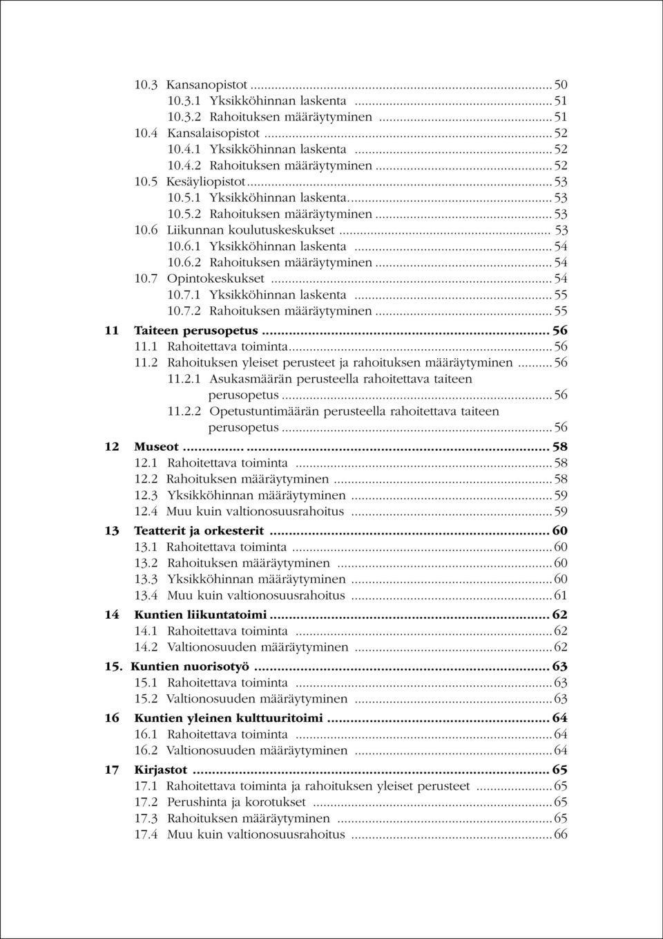 .. 54 10.7.1 Yksikköhinnan laskenta... 55 10.7.2 Rahoituksen määräytyminen... 55 11 Taiteen perusopetus... 56 11.1 Rahoitettava toiminta... 56 11.2 Rahoituksen yleiset perusteet ja rahoituksen määräytyminen.