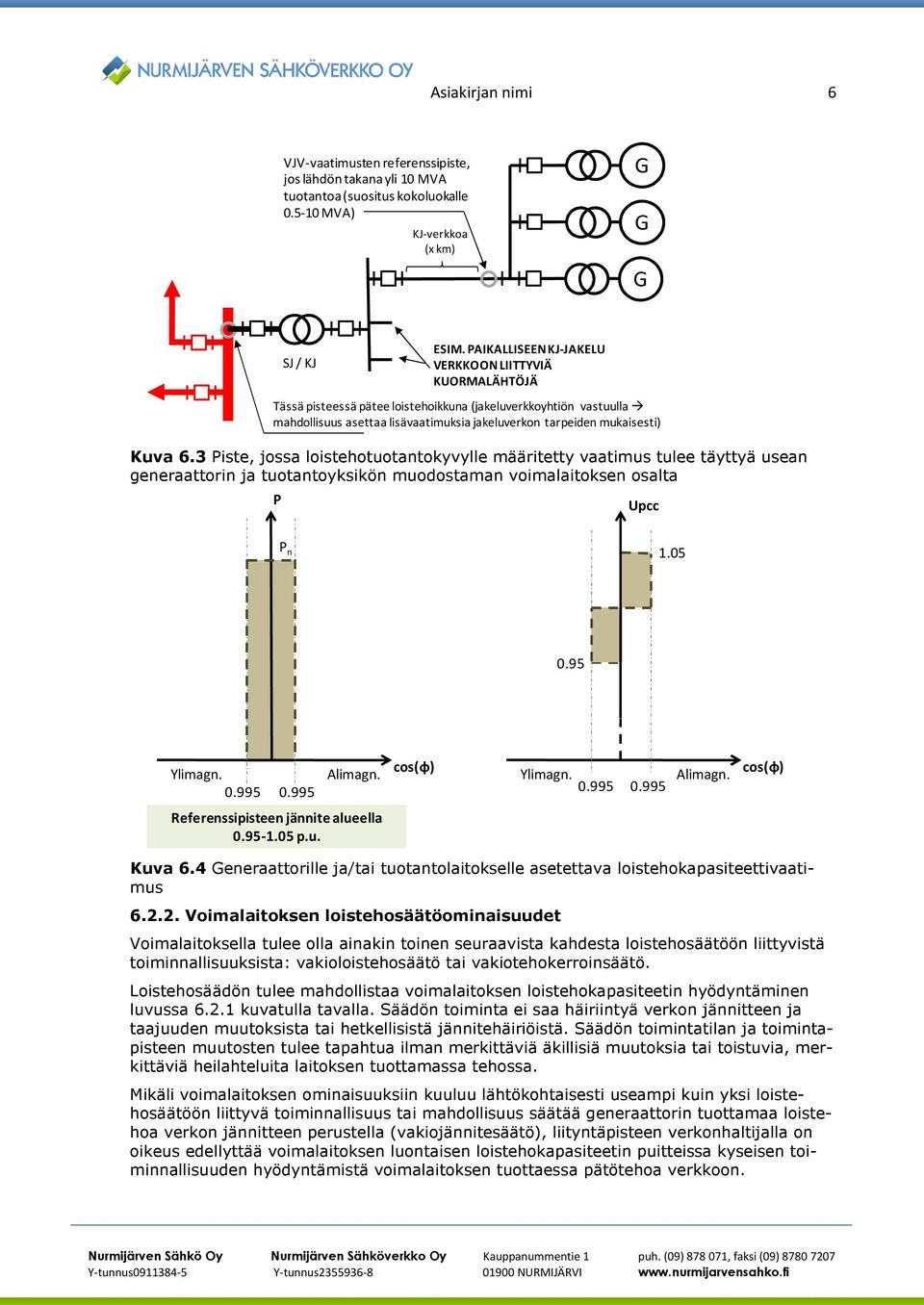 6.3 Piste, jossa loistehotuotantokyvylle määritetty vaatimus tulee täyttyä usean generaattorin ja tuotantoyksikön muodostaman voimalaitoksen osalta P n Upcc P n 1.05 0.95 cos(φ) Ylimagn. Alimagn.