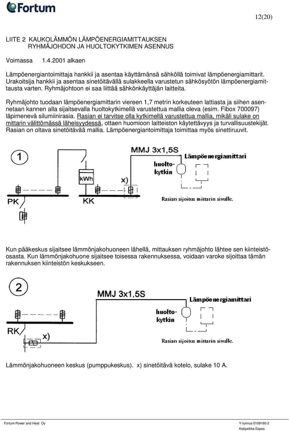 Urakoitsija hankkii ja asentaa sinetöitävällä sulakkeella varustetun sähkösyötön lämpöenergiamittausta varten. Ryhmäjohtoon ei saa liittää sähkönkäyttäjän laitteita.