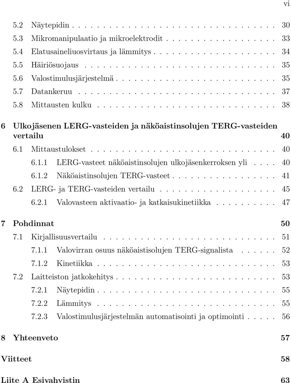 ............................ 38 6 Ulkojäsenen LERG-vasteiden ja näköaistinsolujen TERG-vasteiden vertailu 40 6.1 Mittaustulokset.............................. 40 6.1.1 LERG-vasteet näköaistinsolujen ulkojäsenkerroksen yli.