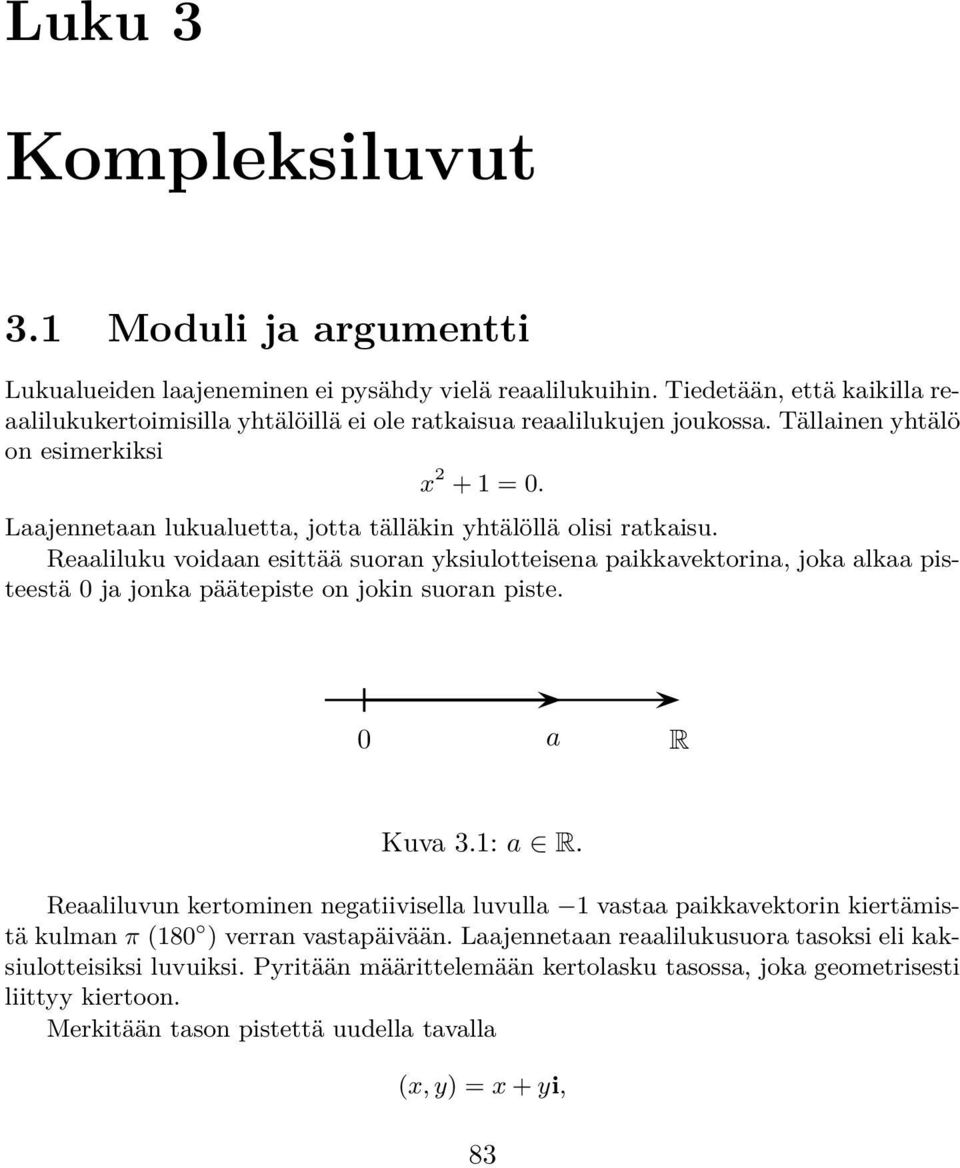 Laajennetaan lukualuetta, jotta tälläkin yhtälöllä olisi ratkaisu. Reaaliluku voidaan esittää suoran yksiulotteisena paikkavektorina, joka alkaa pisteestä 0 ja jonka päätepiste on jokin suoran piste.