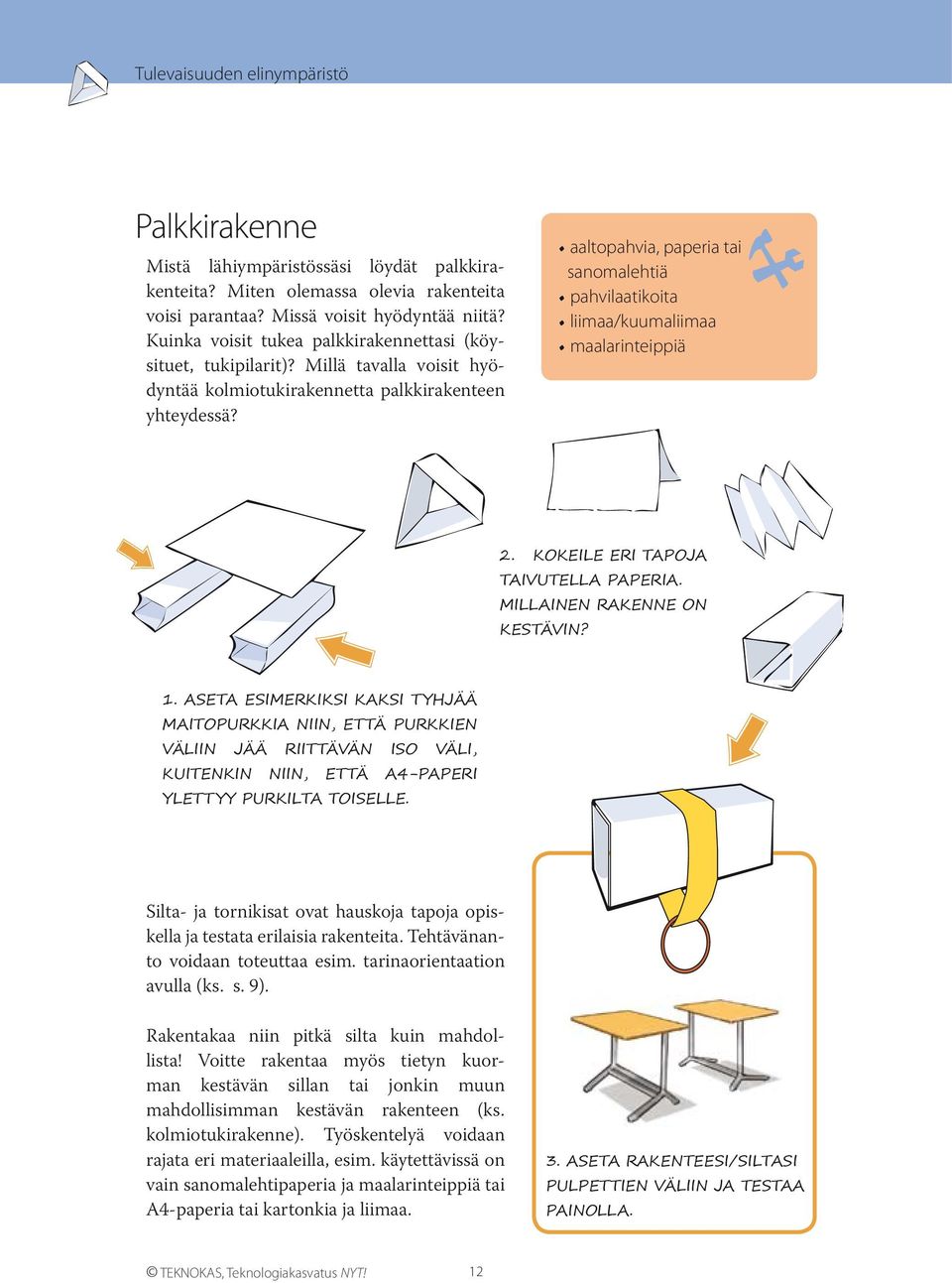 aaltopahvia, paperia tai sanomalehtiä pahvilaatikoita liimaa/kuumaliimaa maalarinteippiä 2. KOKEILE ERI TAPOJA TAIVUTELLA PAPERIA. MILLAINEN RAKENNE ON KESTÄVIN? 1.