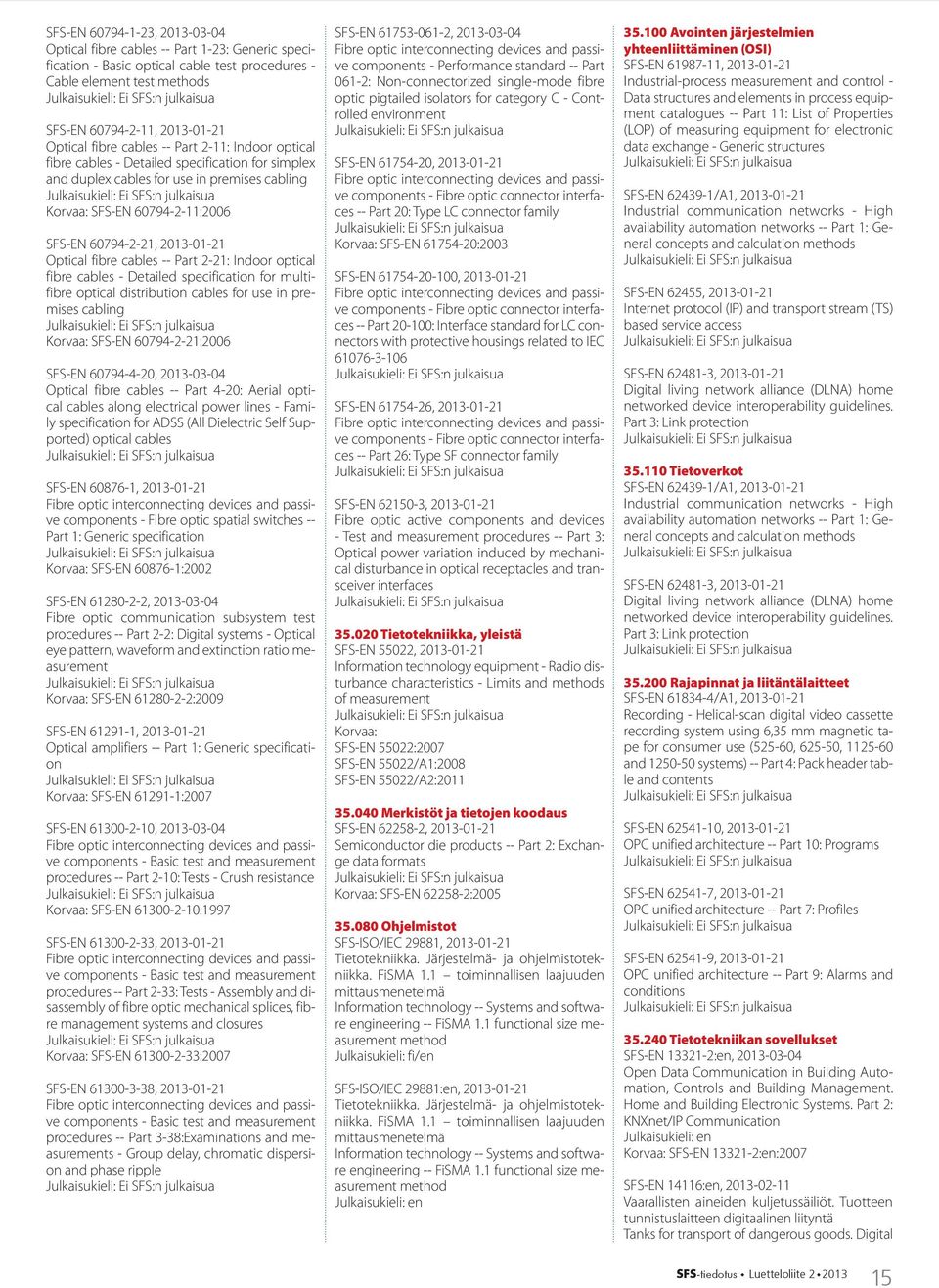 cables -- Part 2-21: Indoor optical fibre cables - Detailed specification for multifibre optical distribution cables for use in premises cabling SFS-EN 60794-2-21:2006 SFS-EN 60794-4-20, 2013-03-04