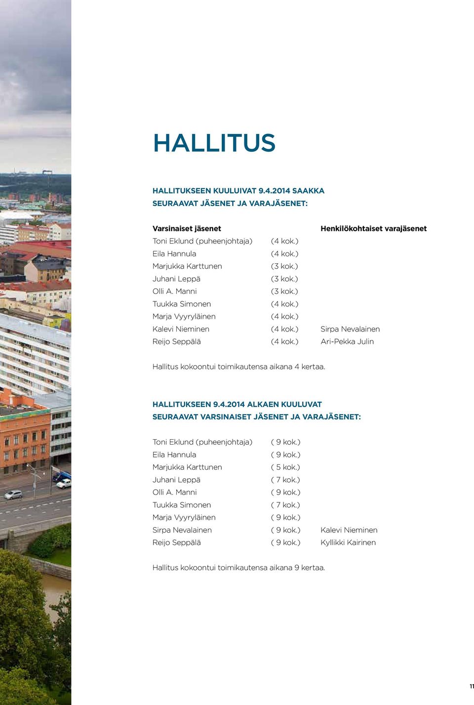 ) Ari-Pekka Julin Hallitus kokoontui toimikautensa aikana 4 kertaa. HALLITUKSEEN 9.4.2014 ALKAEN KUULUVAT SEURAAVAT VARSINAISET JÄSENET JA VARAJÄSENET: Toni Eklund (puheenjohtaja) ( 9 kok.