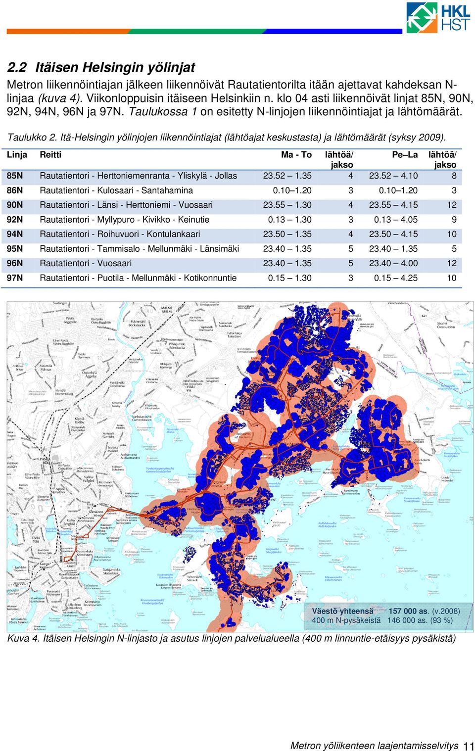 Itä-Helsingin yölinjojen liikennöintiajat (lähtöajat keskustasta) ja lähtömäärät (syksy 2009).