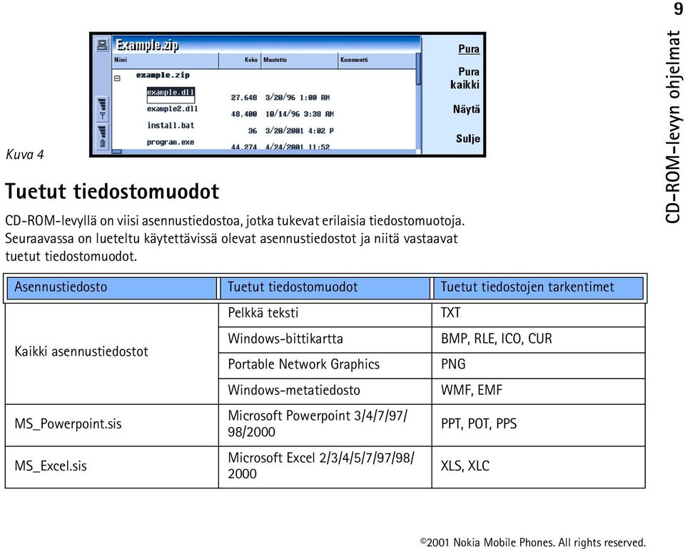 Asennustiedosto Tuetut tiedostomuodot Tuetut tiedostojen tarkentimet Kaikki asennustiedostot MS_Powerpoint.sis MS_Excel.