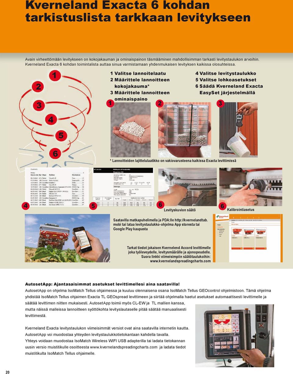 1 1 Valitse lannoitelaatu 2 Määrittele lannoitteen kokojakauma* 3 Määrittele lannoitteen ominaispaino 2 1 3 4 Valitse levitystaulukko 5 Valitse lohkoasetukset 6 Säädä Kverneland Exacta EasySet
