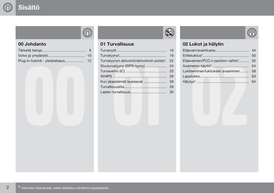 .. 52 Sivuturvatyyny (SIPS-tyyny)... 24 Avaimeton käyttö*... 54 Turvaverho (IC)... 25 Lukitseminen/lukituksen avaaminen... 58 WHIPS... 26 Lapsilukko.