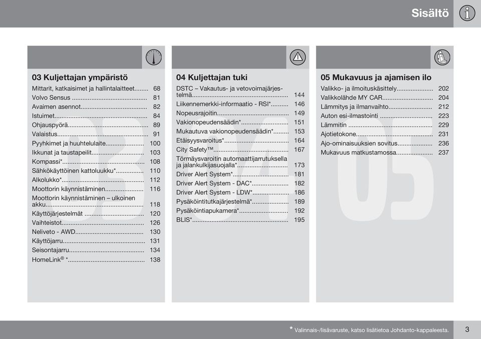 .. 153 Pyyhkimet ja huuhtelulaite... 100 Etäisyysvaroitus*... 164 Ikkunat ja taustapeilit... 103 City Safety... 167 Kompassi*... 108 Törmäysvaroitin automaattijarrutuksella ja jalankulkijasuojalla*.