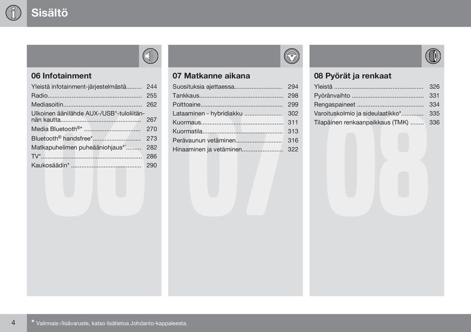 .. 273 Perävaunun vetäminen... 316 Matkapuhelimen puheääniohjaus*... 282 Hinaaminen ja vetäminen... 322 TV*... 286 Kaukosäädin*... 290 08 Pyörät ja renkaat 08 Yleistä.