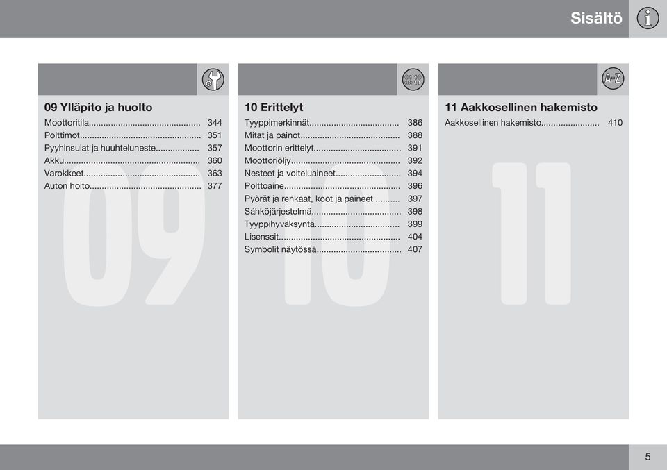 .. 388 11 Moottorin erittelyt... 391 Moottoriöljy... 392 Nesteet ja voiteluaineet... 394 Polttoaine.