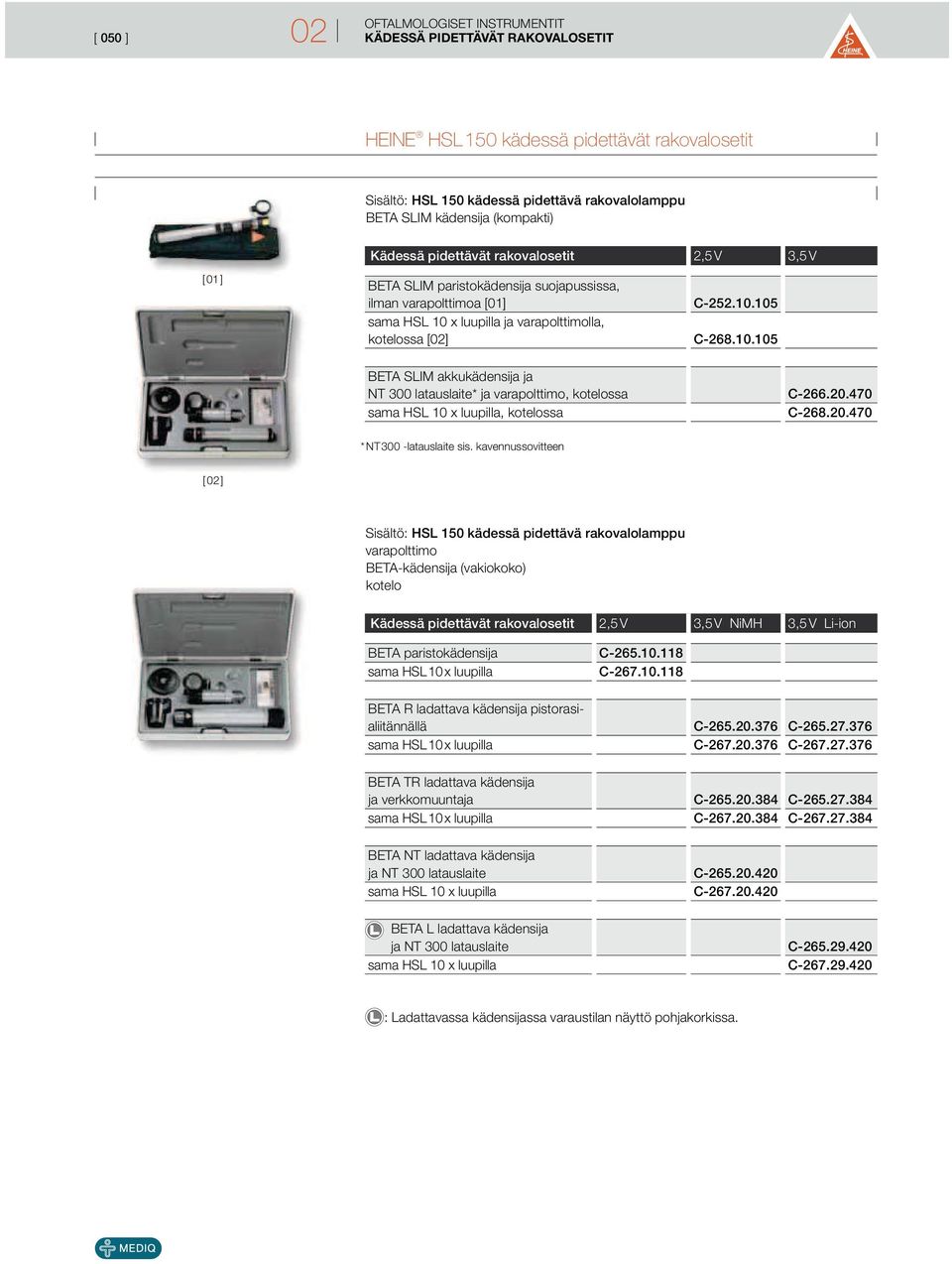x luupilla ja varapolttimolla, ssa [02] C-252.10.105 C-268.10.105 BETA SLIM akkukädensija ja NT 300 latauslaite* ja varapolttimo, ssa sama HSL 10 x luupilla, ssa C-266.20.