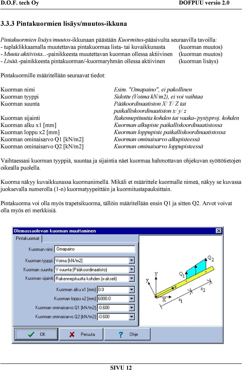 -painikkeesta pintakuorman/-kuormaryhmän ollessa aktiivinen (kuorman lisäys) Pintakuormille määritellään seuraavat tiedot: Kuorman nimi Kuorman tyyppi Kuorman suunta Kuorman sijainti Kuorman alku x1