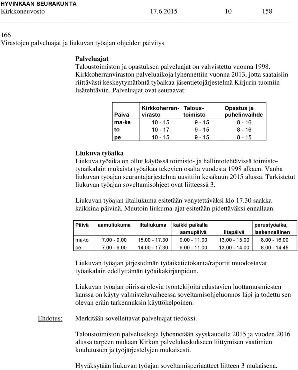 Palveluajat ovat seuraavat: Päivä Kirkkoherranvirasto Taloustoimisto Opastus ja puhelinvaihde ma-ke 10-15 9-15 8-16 to 10-17 9-15 8-16 pe 10-15 9-15 8-15 Liukuva työaika Liukuva työaika on ollut