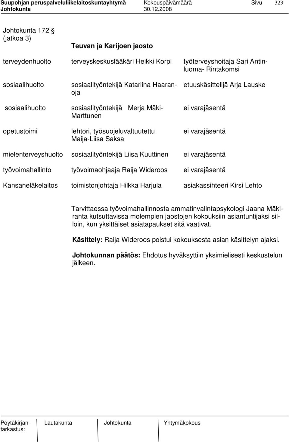 mielenterveyshuolto sosiaalityöntekijä Liisa Kuuttinen ei varajäsentä työvoimahallinto työvoimaohjaaja Raija Wideroos ei varajäsentä Kansaneläkelaitos toimistonjohtaja Hilkka Harjula asiakassihteeri