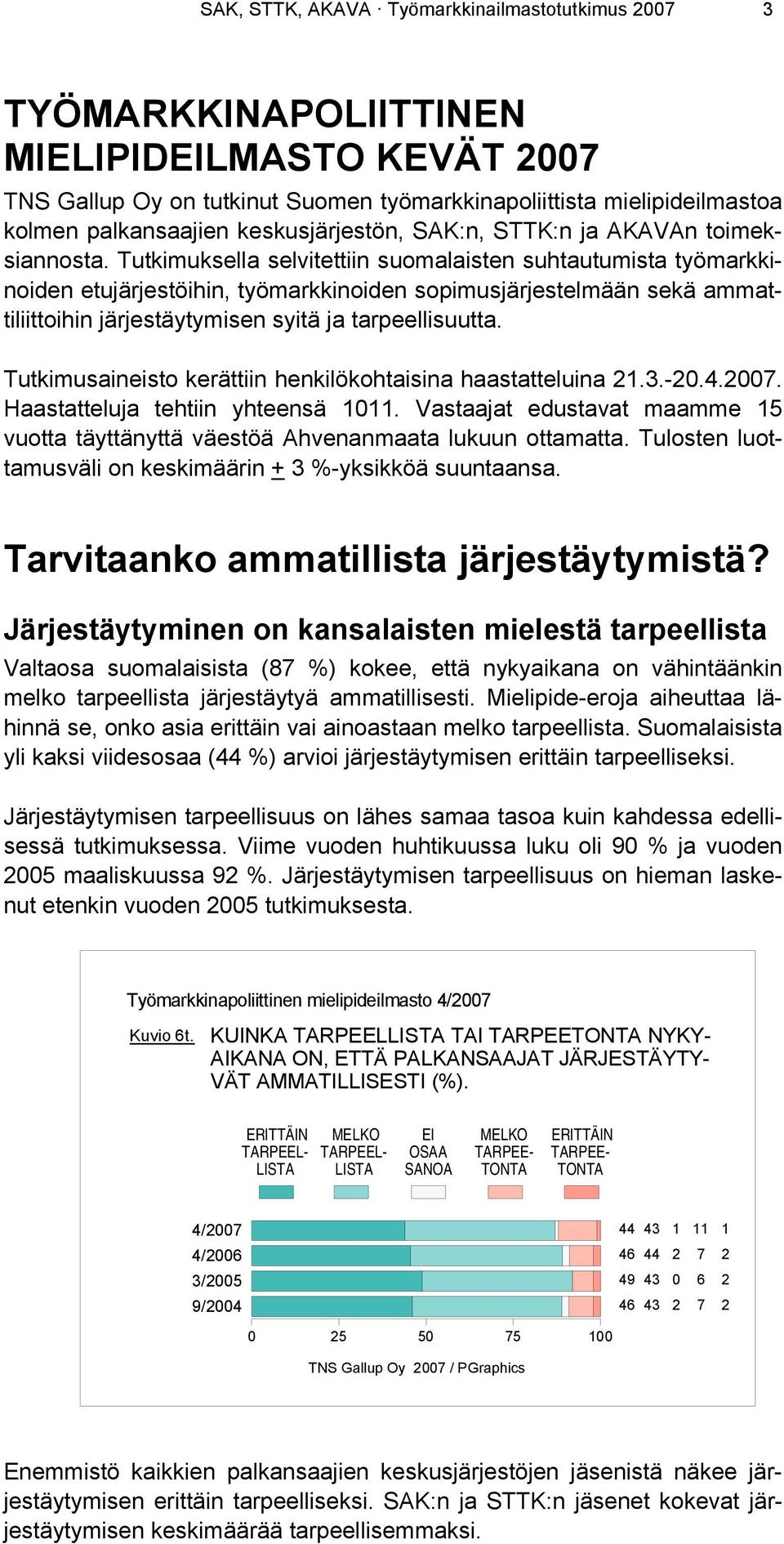 Tutkimuksella selvitettiin suomalaisten suhtautumista työmarkkinoiden etujärjestöihin, työmarkkinoiden sopimusjärjestelmään sekä ammattiliittoihin järjestäytymisen syitä ja tarpeellisuutta.