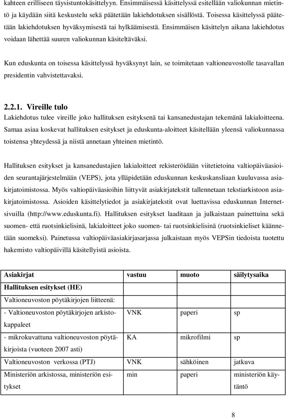 Kun eduskunta on toisessa käsittelyssä hyväksynyt lain, se toimitetaan valtioneuvostolle tasavallan presidentin vahvistettavaksi. 2.2.1.